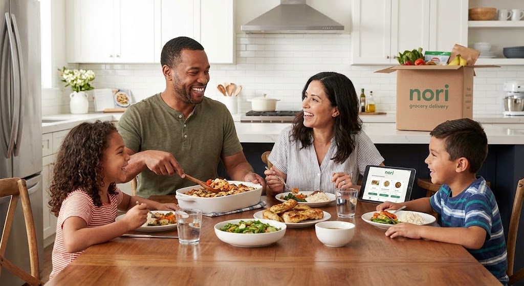 Family meal preparation with fresh ingredients